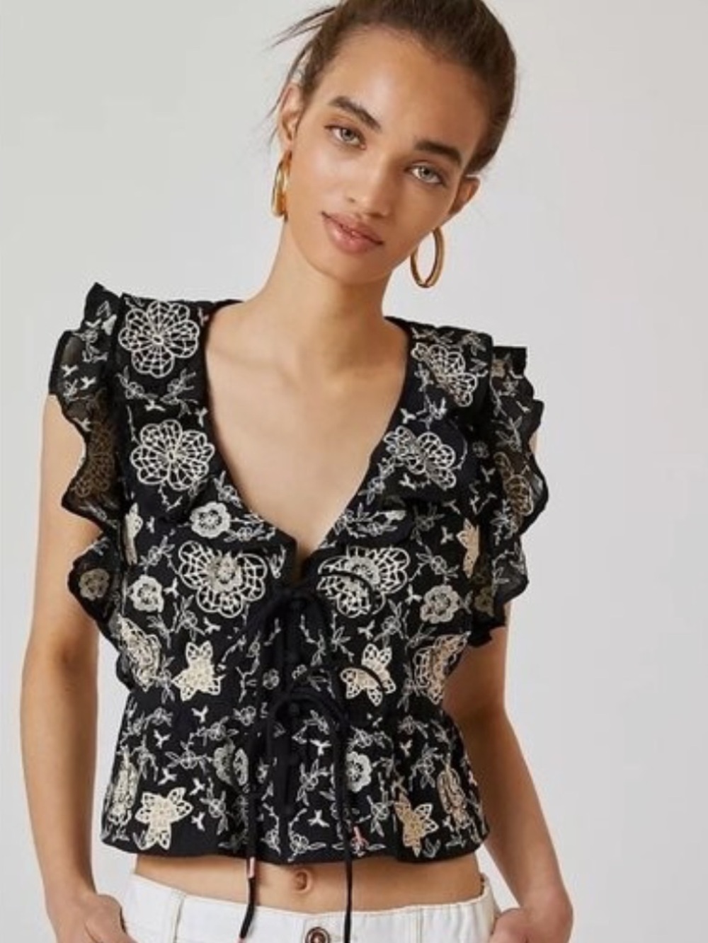 Anthropologie Black Floral Lace-Up Ruffle Crop Top